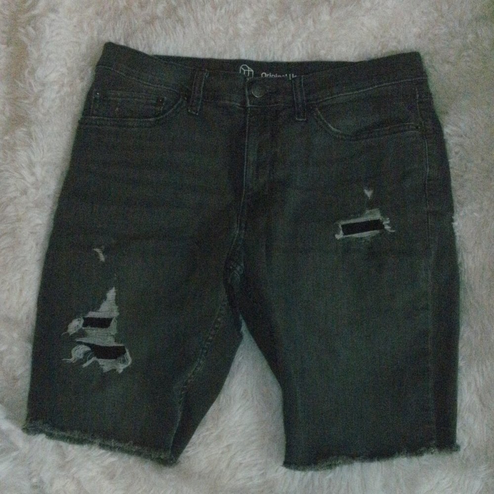 Original Use Gray Denim Jean Shorts Distressed Skinny Cut Off Raw Edge size 32